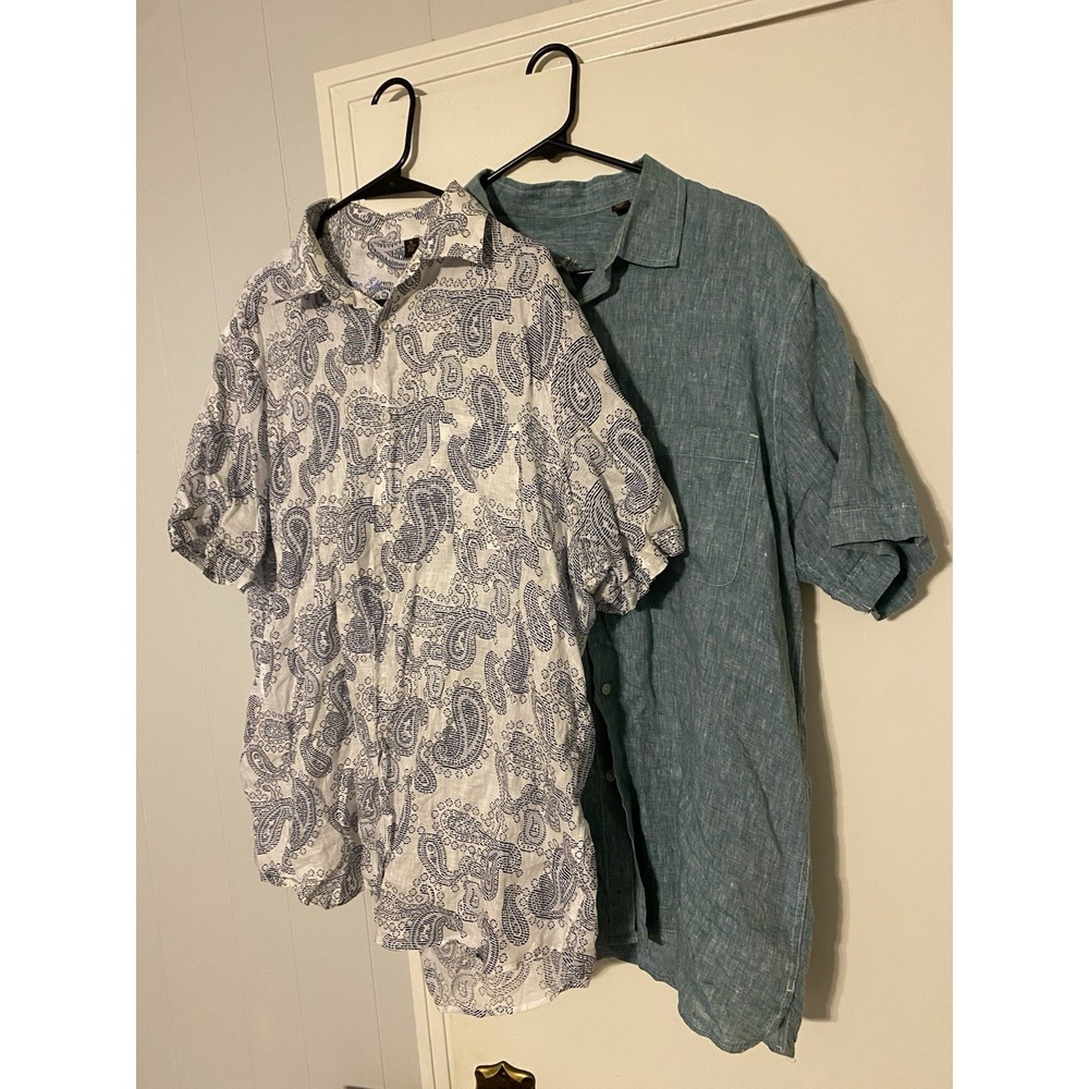 Lot 2 Men's 100% Linen Shirt XL Tasso Elba Green & Blue Paisley Short Sleeve